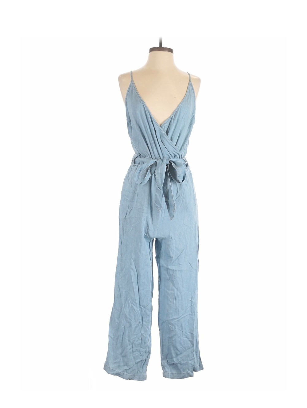 NWT Thread&Supply Chambray Jumpsuit Vneck Tie Waist Faux Wrap Cropped Large
